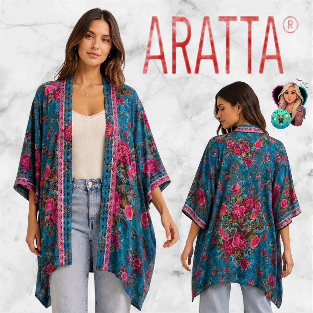 Aratta Silent Journey Womens Medium Teal Pink Floral Kimono Wrap Cardigan Boho